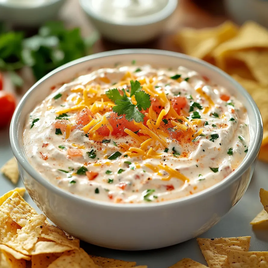 Tigela com dip, nachos e tomates.