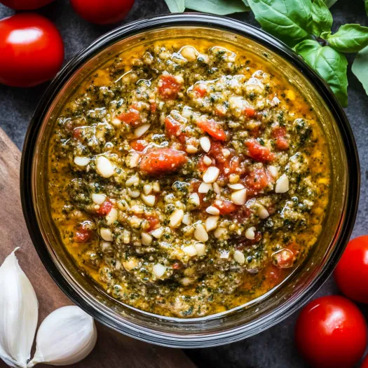 Tigela com molho de tomate e manjericão.
