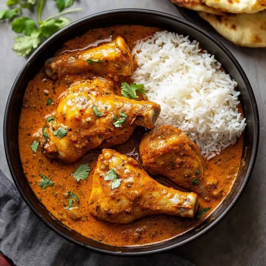 Frango com arroz servido em um prato.