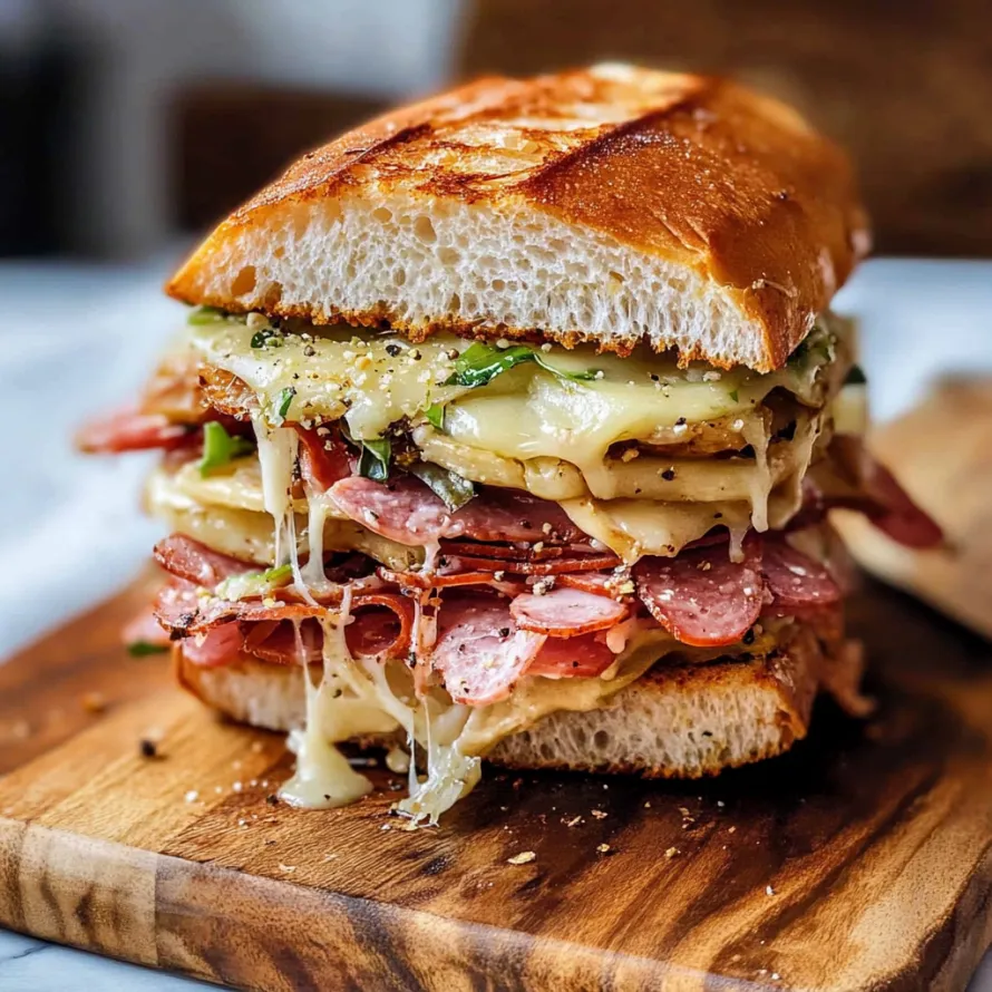 Sanduíche com frios e queijo sobre uma tábua de madeira.