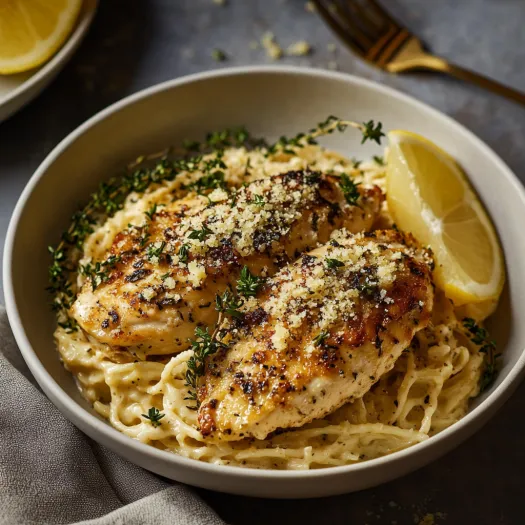 Pasta servida com frango e rodelas de limão.