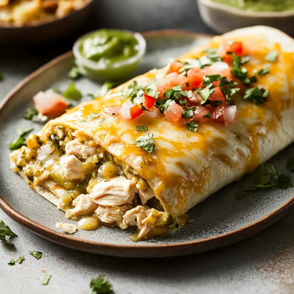 Um burrito no prato acompanhado de um potinho com salsa.