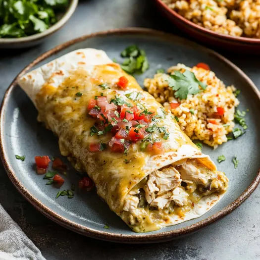 Prato com burrito e arroz ao lado.