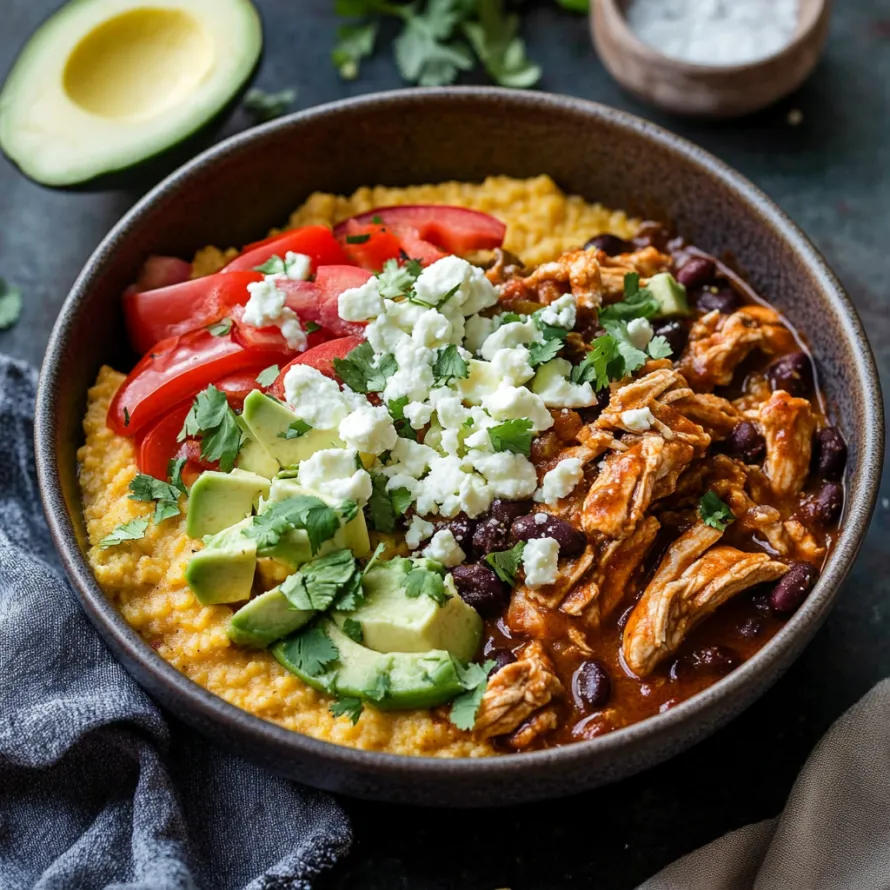 Uma tigela com frango, feijão, tomate e abacate.