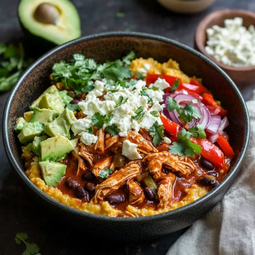 Tigela com frango, feijão, tomate, cebola e abacate.