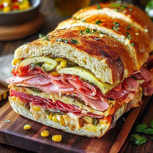 Sanduíche com frios, queijo e legumes.