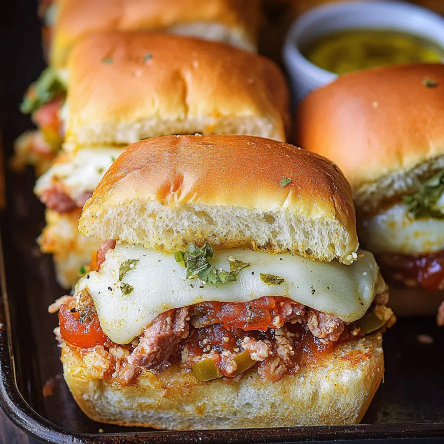 Tabuleiro com mini sanduíches de carne e queijo.