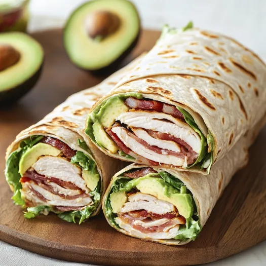 Um sanduíche de frango, bacon, alface e avocado.