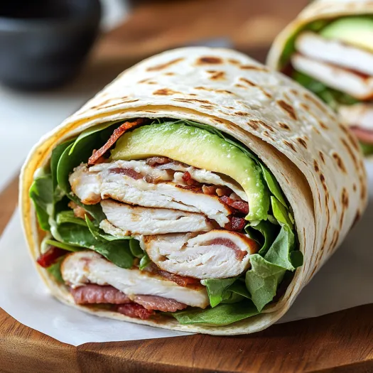 Um wrap aberto com frango, folhas verdes e abacate.