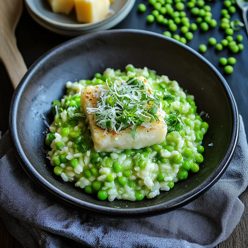 Um prato com ervilhas e peixe.