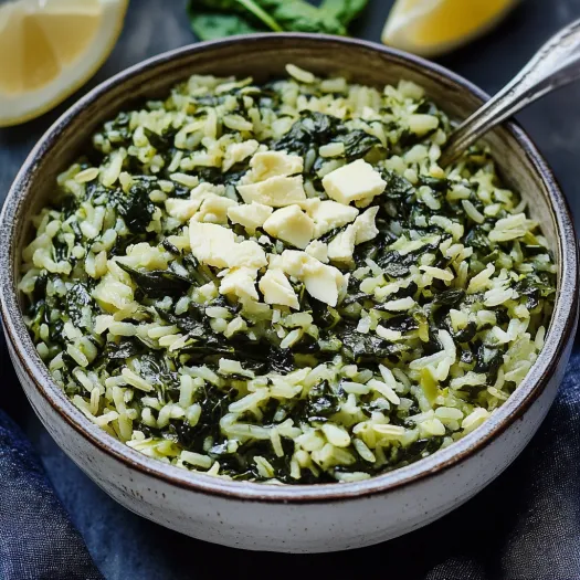 Uma tigela com arroz cremoso, espinafre e queijo.