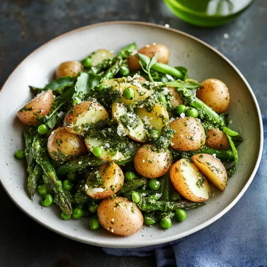 Prato com batatas, ervilhas e folhas verdes.
