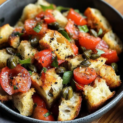 Tigela servida com tomates e pedaços de pão.