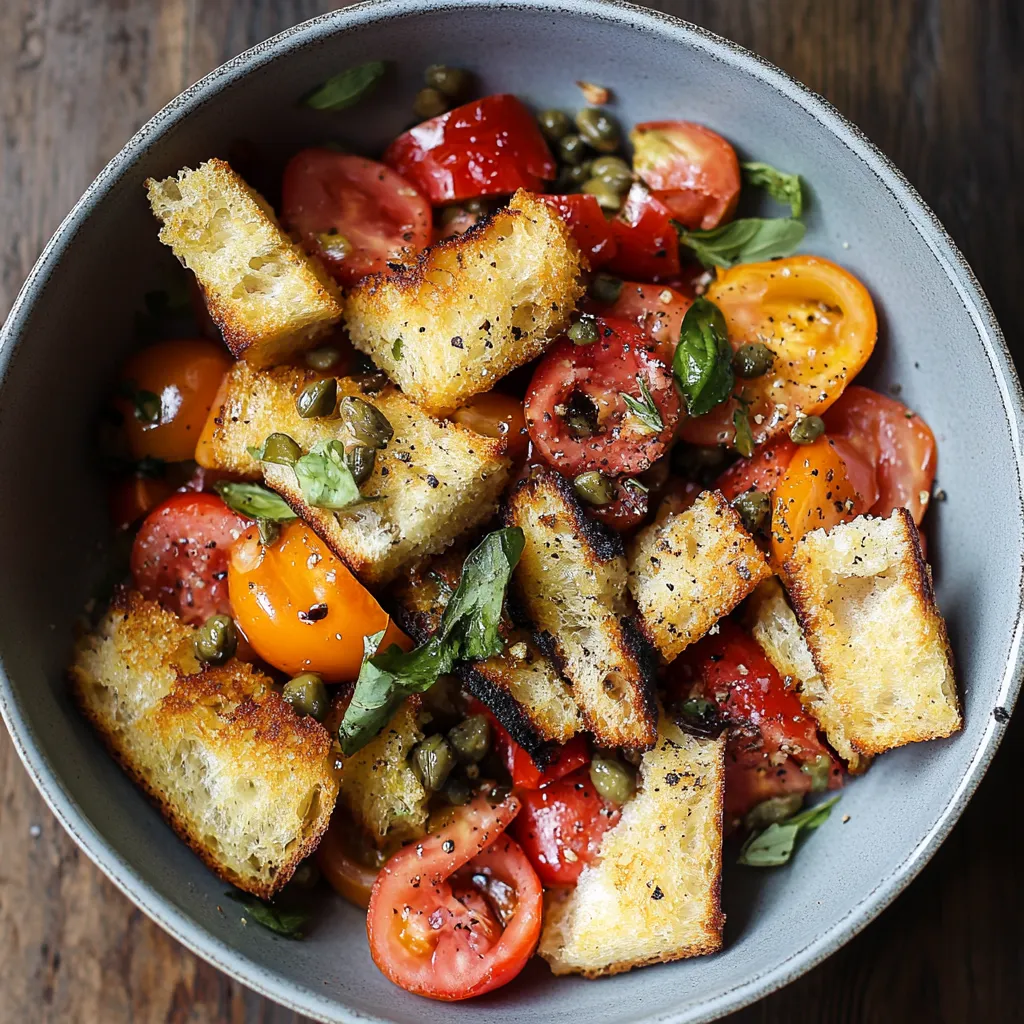 Tigela com tomates, pão e manjericão.