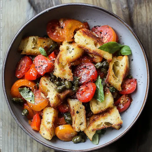 Tigela com tomates, pão e manjericão.
