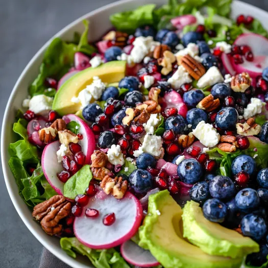 Tigela de salada com mirtilos, abacate e nozes.