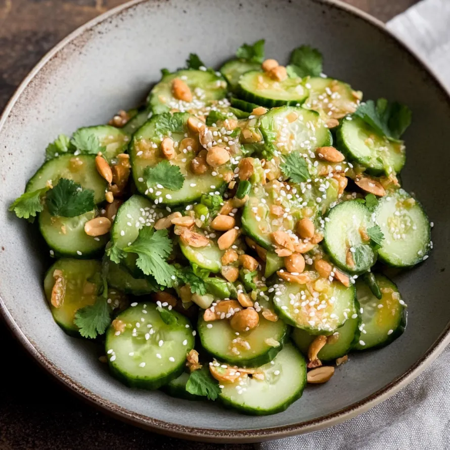 Salada de pepino com amendoins numa taça.