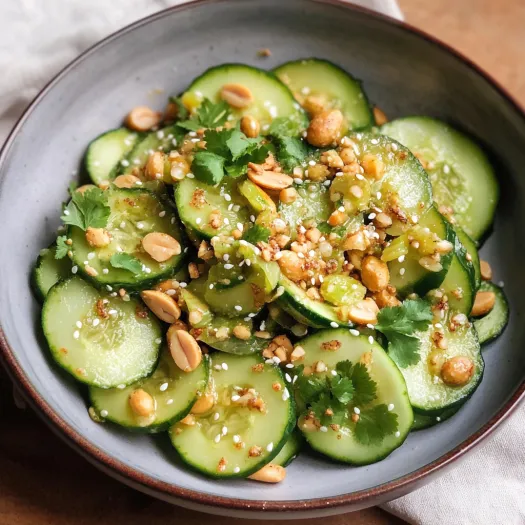 Tigela de salada de pepino com amendoim torrado.