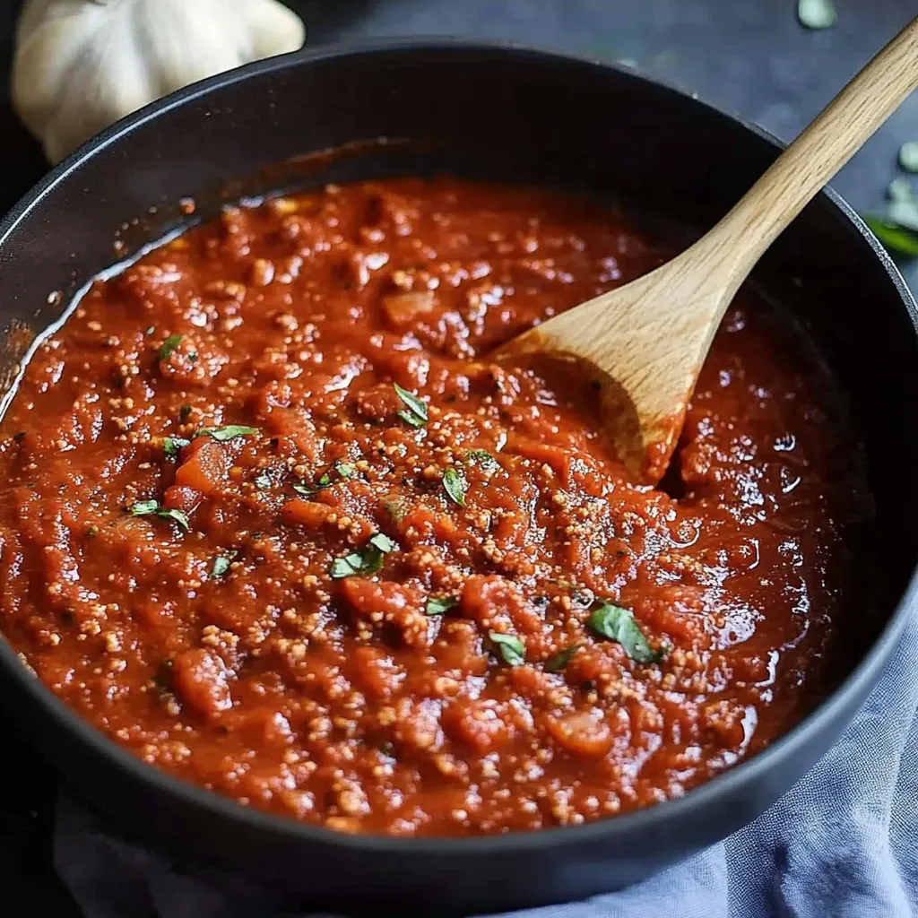 Uma colher de pau num tacho de molho vermelho.