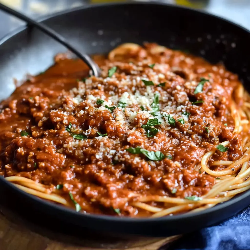 Um prato de massa com molho de carne.