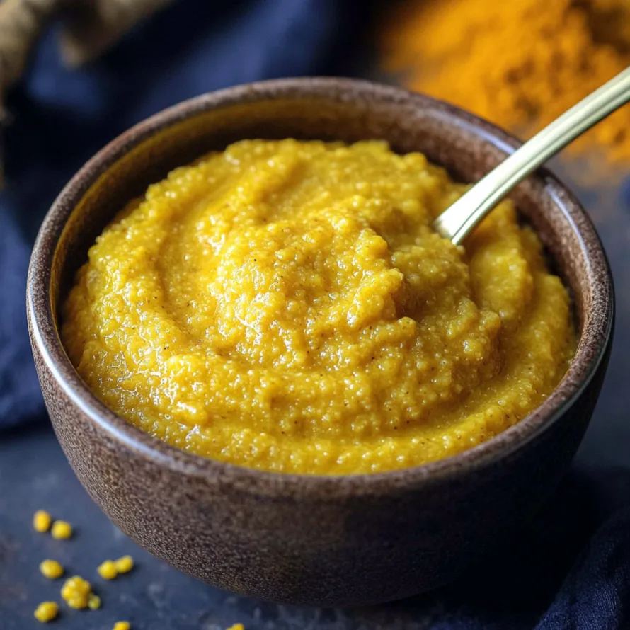Uma tigela de sopa amarela com colher dentro.