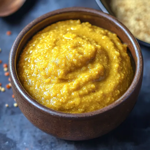 Uma tigela com molho amarelo.