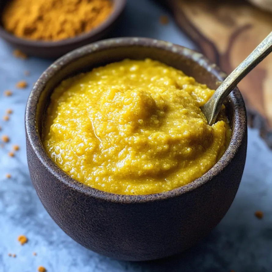 Uma tigela de sopa com uma colher dentro.