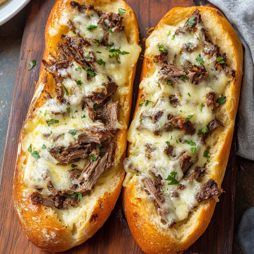 Dois sanduíches de carne com queijo sobre uma mesa de madeira.