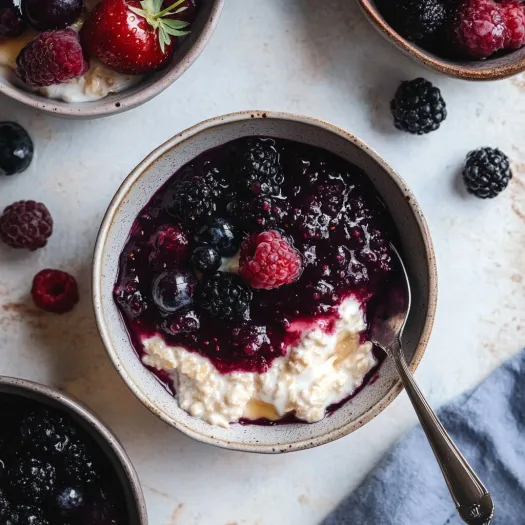 Uma taça de frutos silvestres e creme.