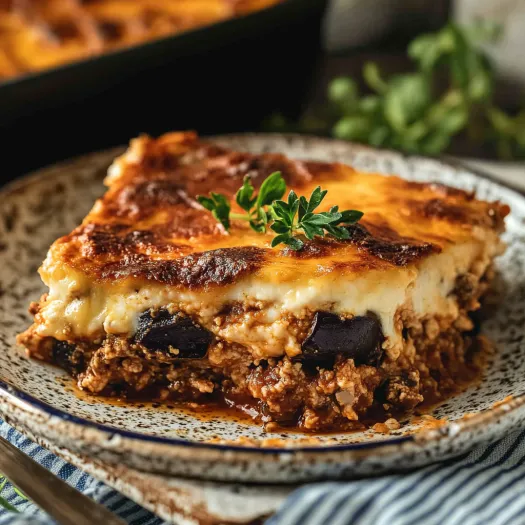 Uma fatia de moussaka decorada com erva fresca.