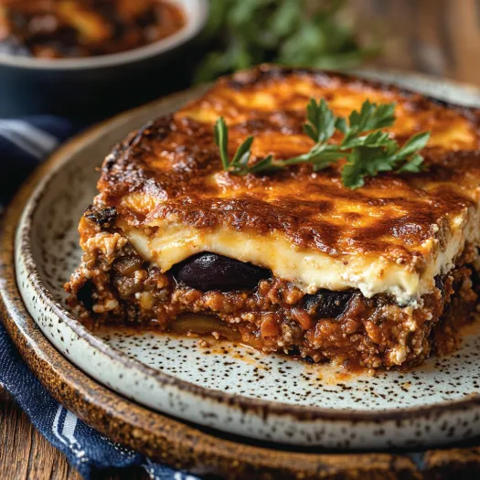 Uma fatia de moussaka com uma folha verde em cima.