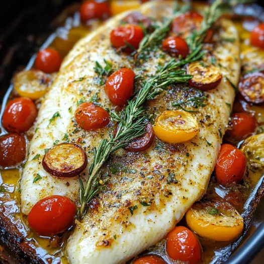 Um peixe coberto com tomates e ervas.