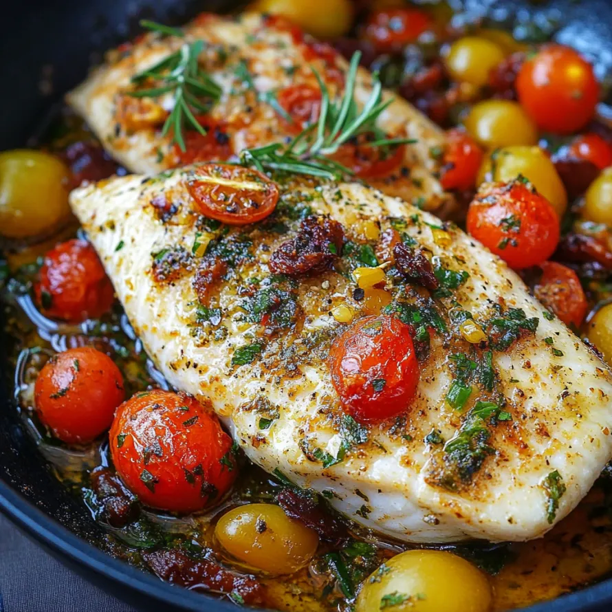 Frigideira com peixe, tomate e ervas.