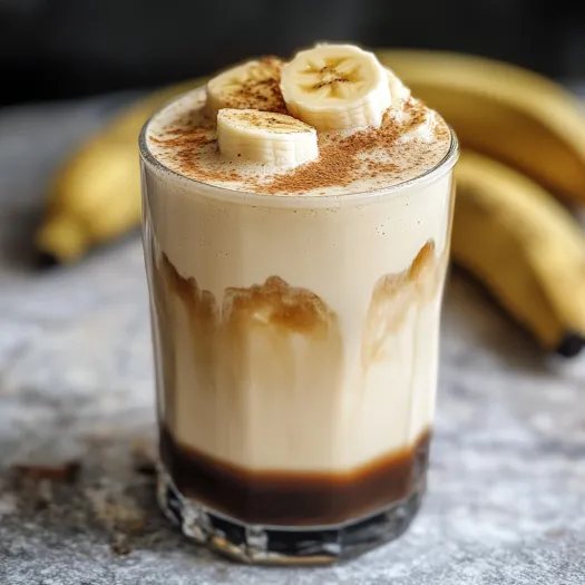 Copo de leite de banana com rodelas de banana em cima.