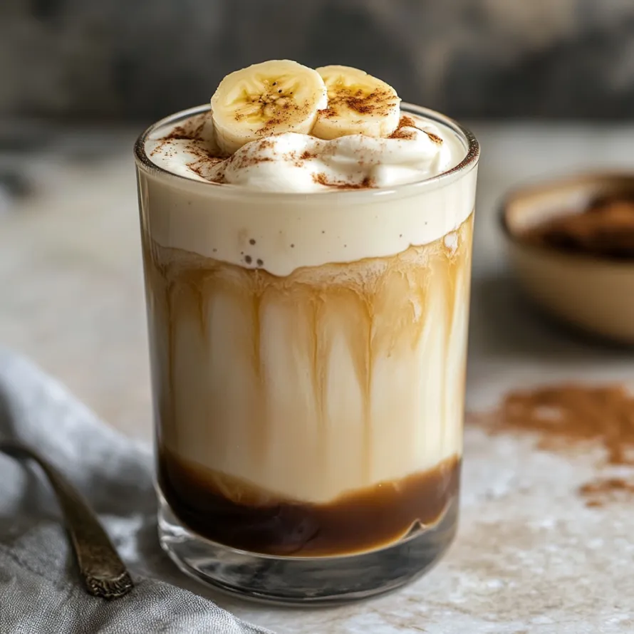 Copo de leite de banana com colher dentro.