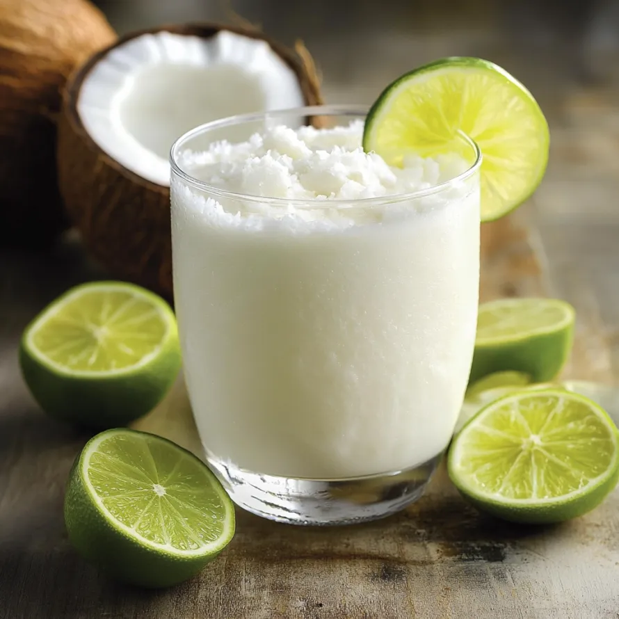 Um copo de leite de coco com fatias de limão em cima da mesa.
