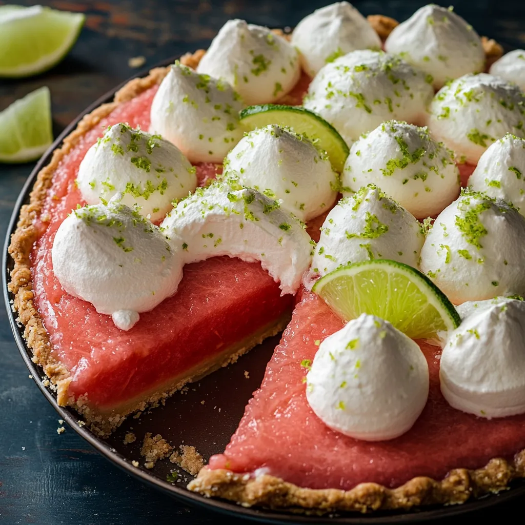 Uma fatia de tarte de melancia com chantilly por cima.