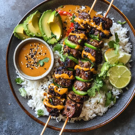 Prato com arroz, fios de carne e legumes coloridos.