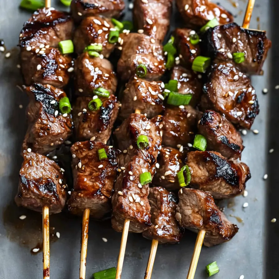 Um prato com espetos de carne e cebolinho.