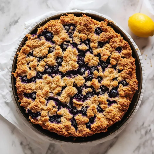 Um bolo crumble de mirtilos com uma fatia de limão ao lado.