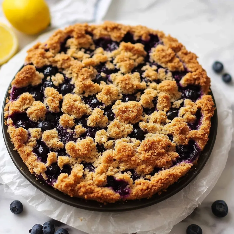 Bolo crumble de mirtilos com uma fatia de limão no topo.