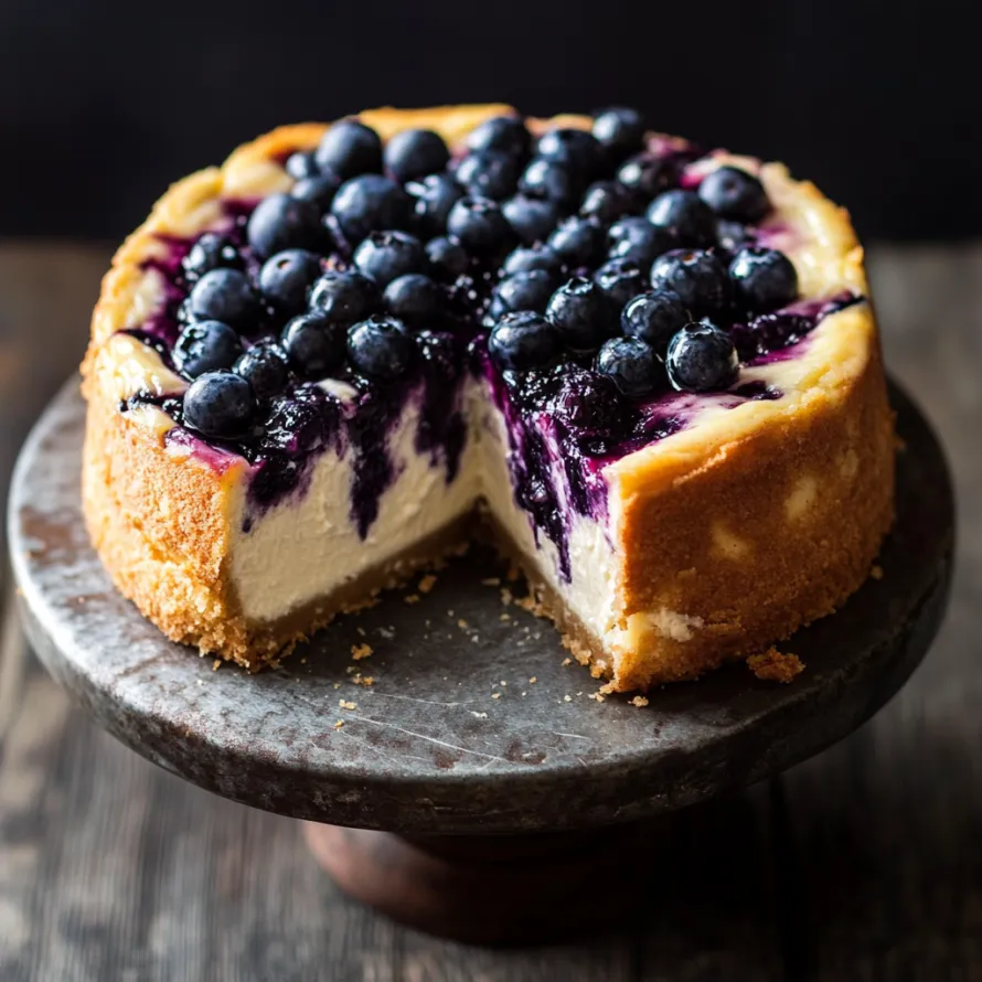 Um pedacinho de cheesecake de mirtilo no pratinho.
