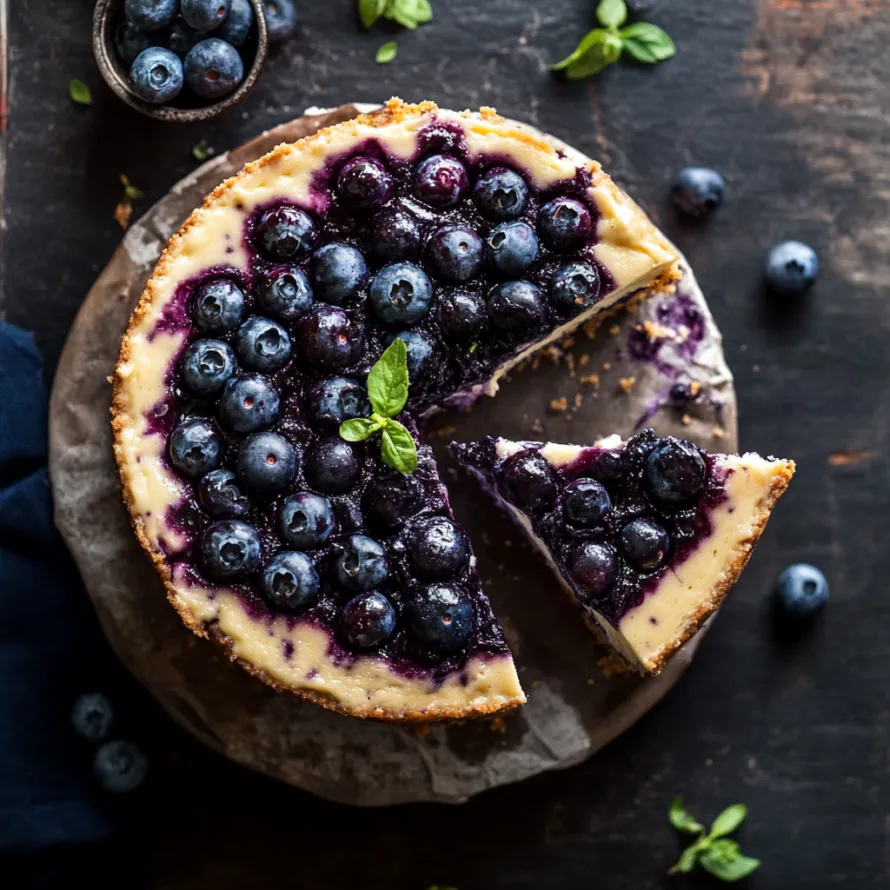 Uma fatia de cheesecake de mirtilos.