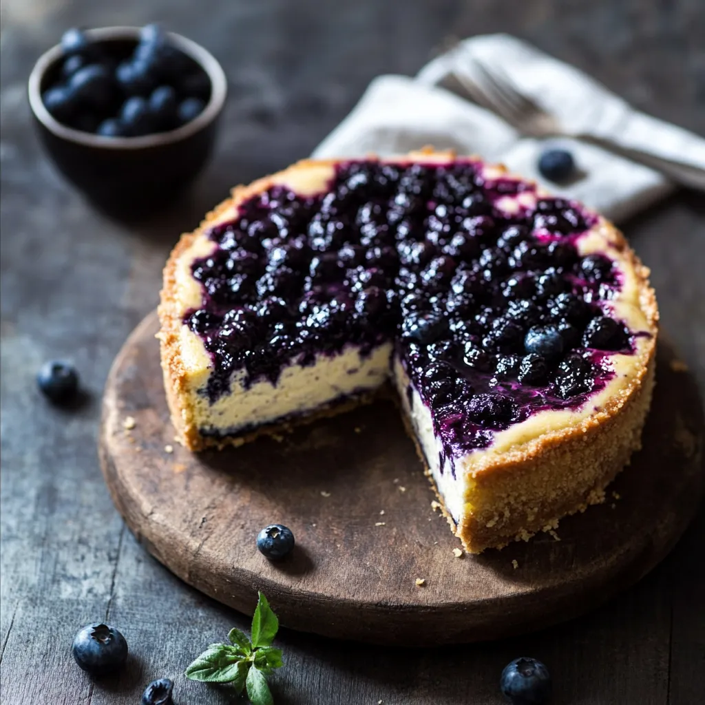 Uma fatia de cheesecake de mirtilos numa tábua de madeira.