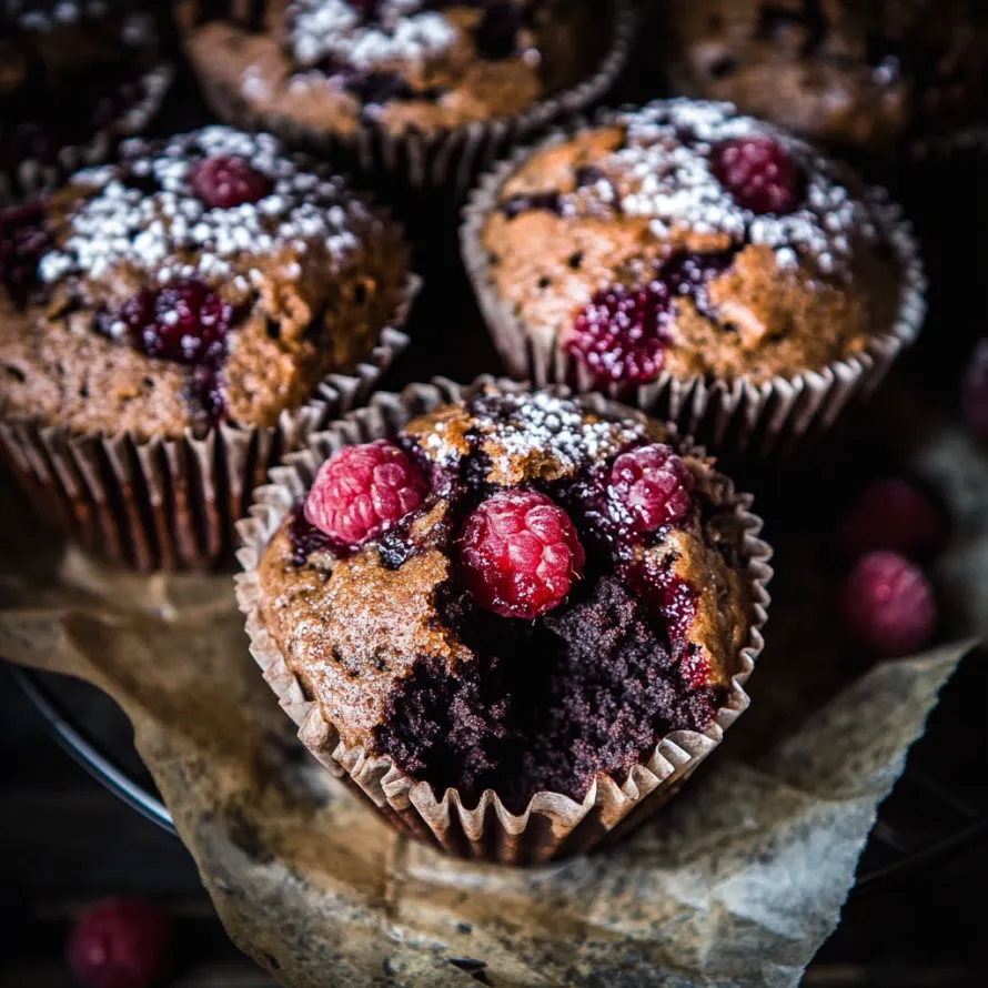 Um muffin com cobertura de framboesa e chocolate.