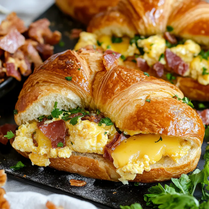 Croissant com ovos e bacon no interior.