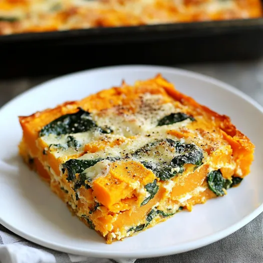Uma fatia dourada e cremosa de gratinado de espinafre e queijo feta num prato branco.