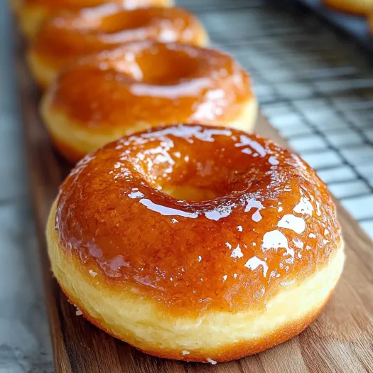 Donut glaceado em cima de uma tábua de madeira.