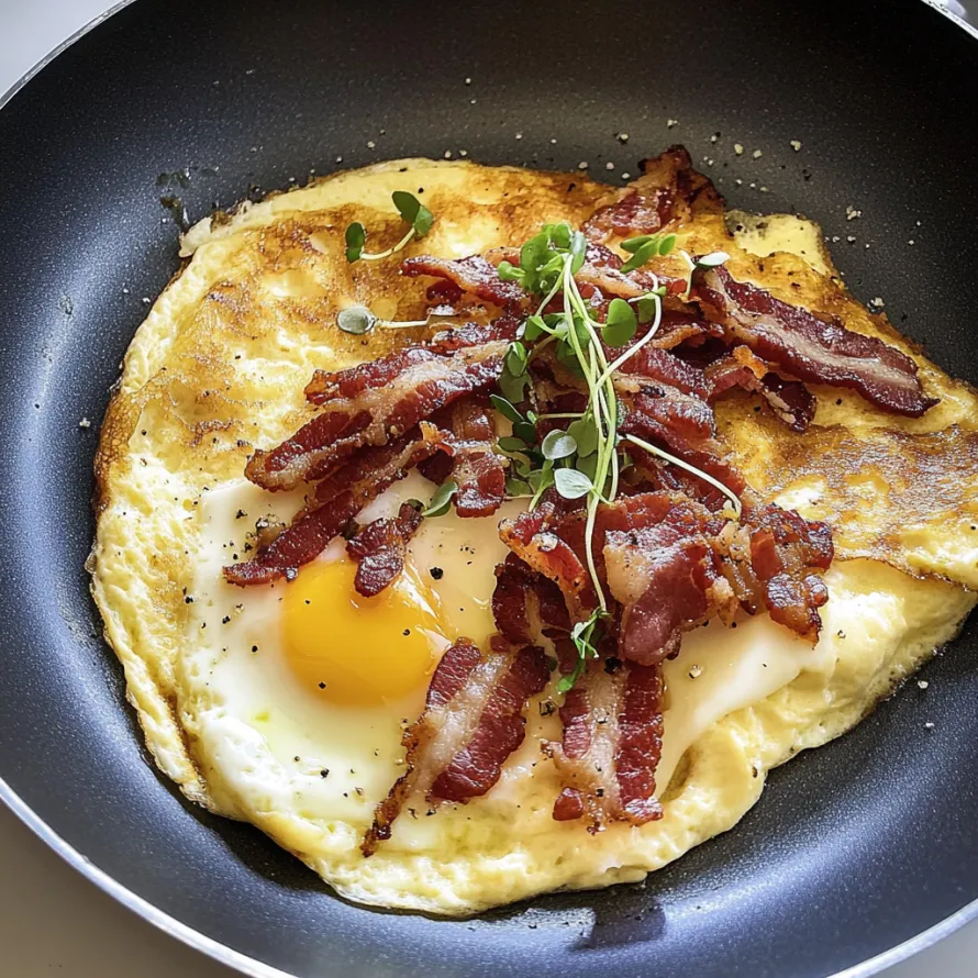 Omelete de café da manhã com bacon e ovo estrelado.
