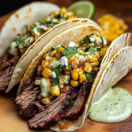 Dois tacos recheados de carne e milho sobre uma mesa de madeira.